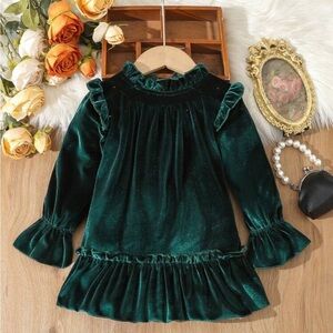 Baby Girls / toddler girls velvet velour emerald Green ruffle detail dress